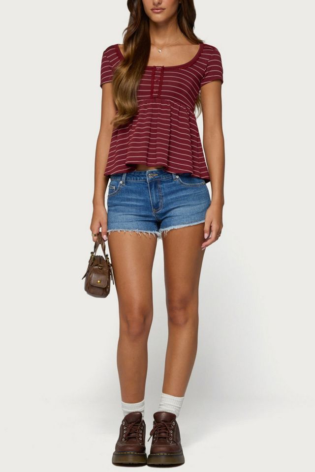 Edikted Jina Lacey Striped Babydoll Henley Top #1