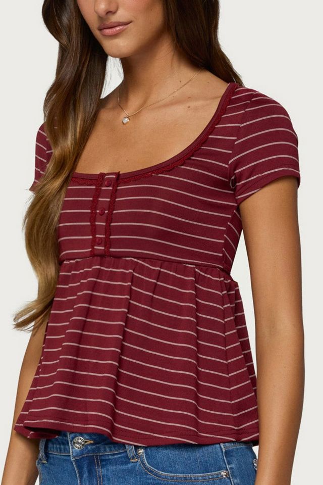 Edikted Jina Lacey Striped Babydoll Henley Top #2