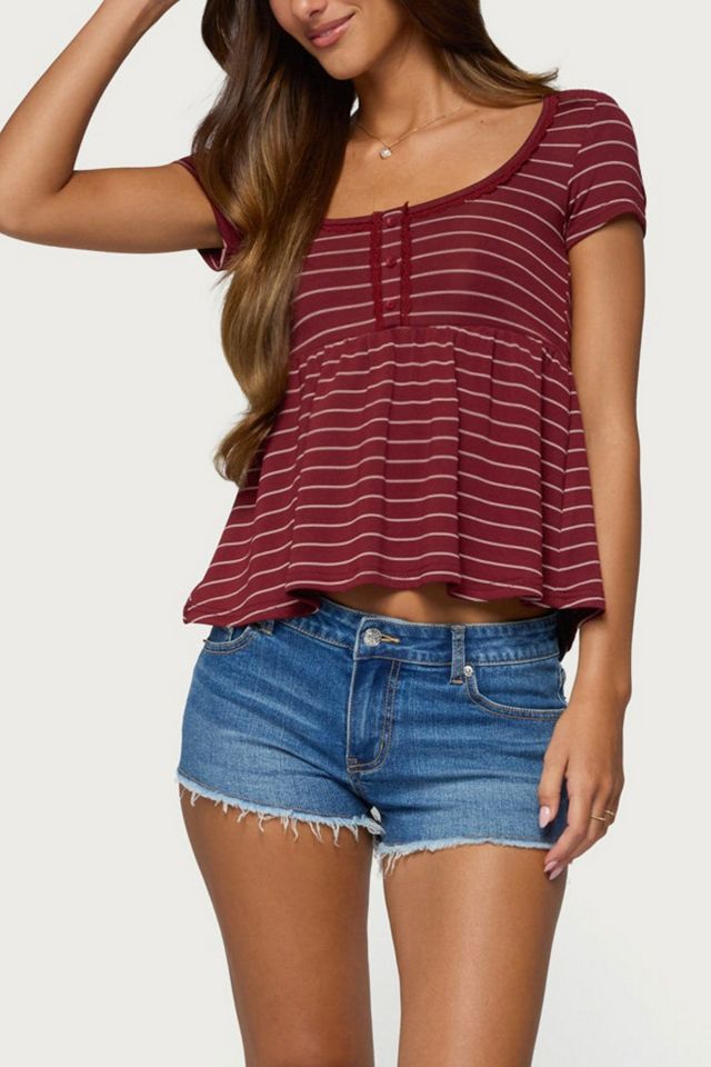 Edikted Jina Lacey Striped Babydoll Henley Top #3
