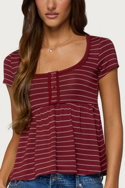 Edikted Jina Lacey Striped Babydoll Henley Top