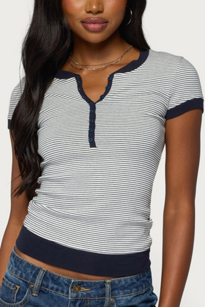 Edikted Regin Striped Ribbed Henley Top