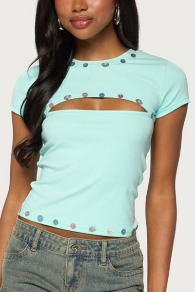 Edikted Suda Iridescent Button Cutout T Shirt