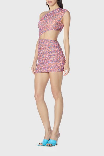 AFRM Sinclair Asymmetric Cutout One-Shoulder Mesh Mini Dress