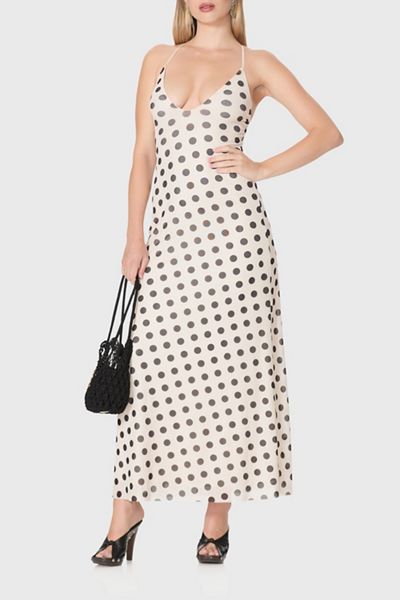 AFRM Romy Polka Dot Mesh Crisscross Strap Maxi Dress