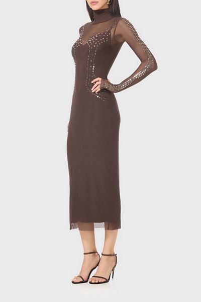 AFRM Shailene Studded Espresso Mesh Bodycon Midi Dress
