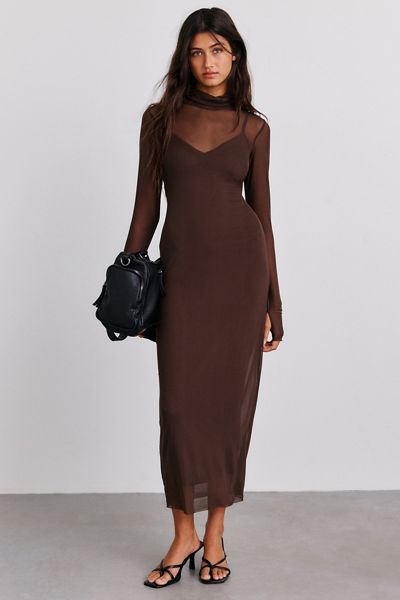 AFRM Shailene High Neck Long Sleeve Mesh Midi Dress