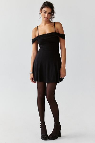 UO Cordelia Draped Cold Shoulder Mesh Mini Dress