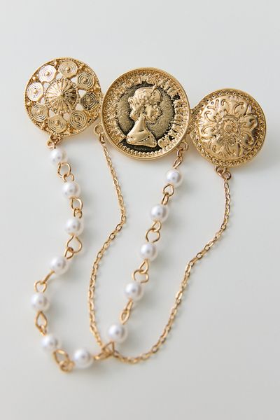 Golden Coin & Pearl Brooch