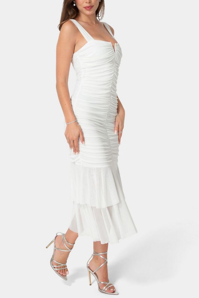 Bebe V-neck Ruched Mesh Flounce Midi Dress #1
