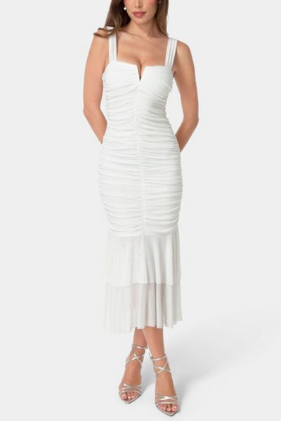 Bebe V-neck Ruched Mesh Flounce Midi Dress