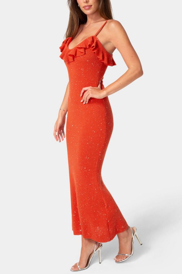 Bebe Sequin Crochet Ruffle Neck Gown #1