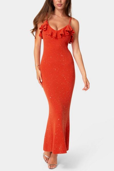 Bebe Sequin Crochet Ruffle Neck Gown