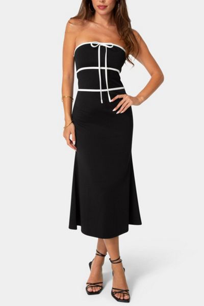 Bebe Strapless Tie Detail Midi Flutter Dress