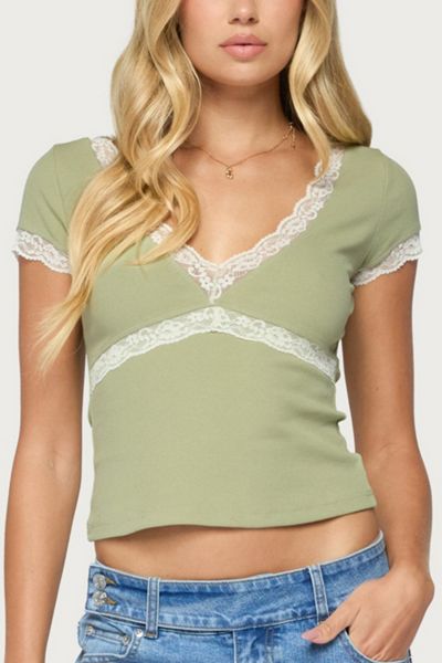 Edikted Juli Lacey Ribbed V Neck Top