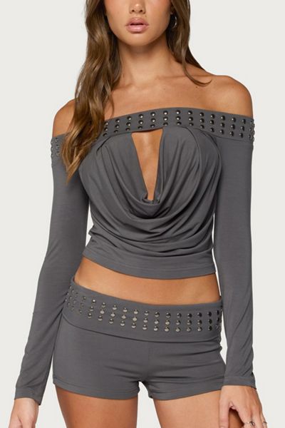 Edikted Amy Studded Off Shoulder Cowl Neck Top