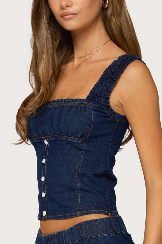 Edikted Aggie Ruched Button Denim Top #2