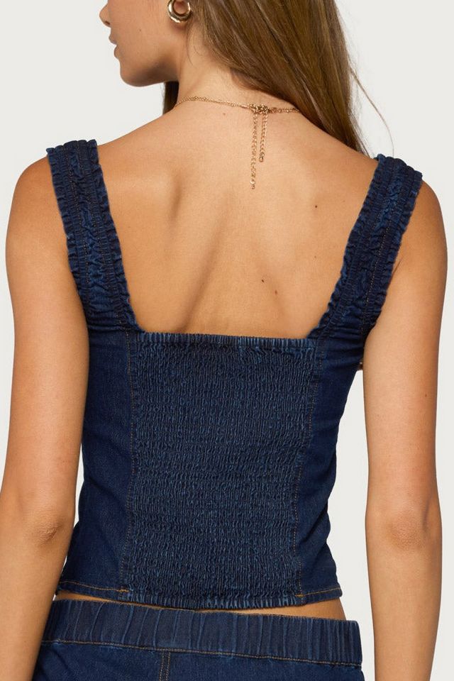 Edikted Aggie Ruched Button Denim Top #4