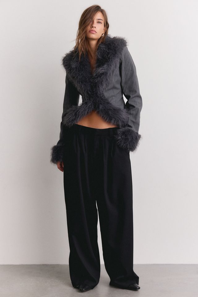 AFRM Clarra Tailored Pinstripe Faux Fur Trim Jacket #1
