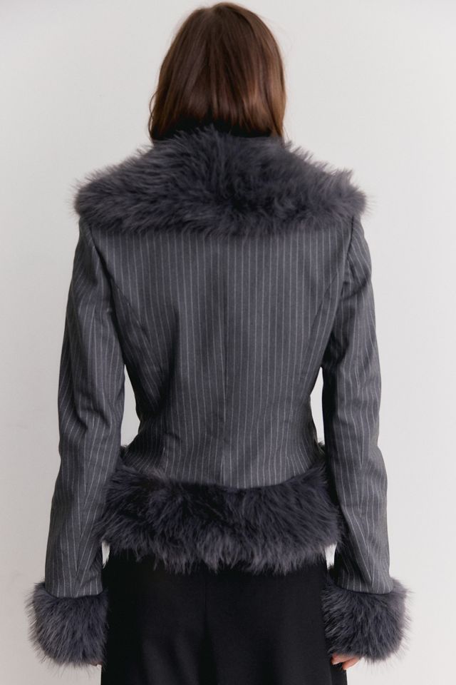 AFRM Clarra Tailored Pinstripe Faux Fur Trim Jacket #3