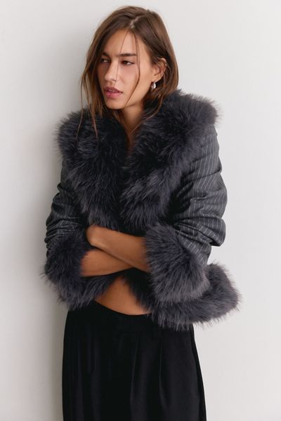 AFRM Clarra Tailored Pinstripe Faux Fur Trim Jacket
