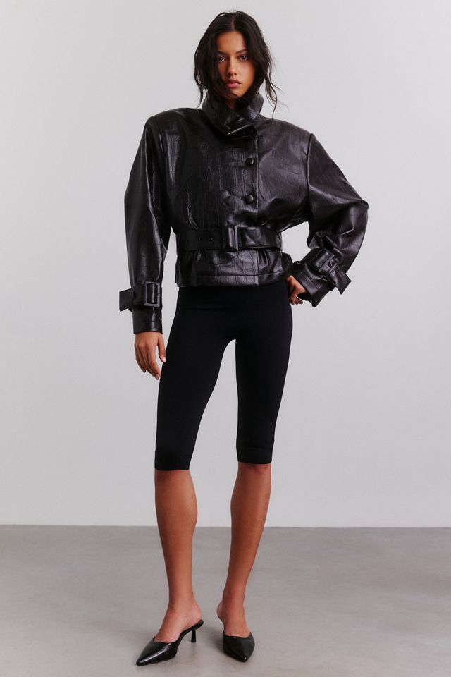 AFRM Scarlette Croc Effect Faux Leather Belted Funnel Neck Jacket #1