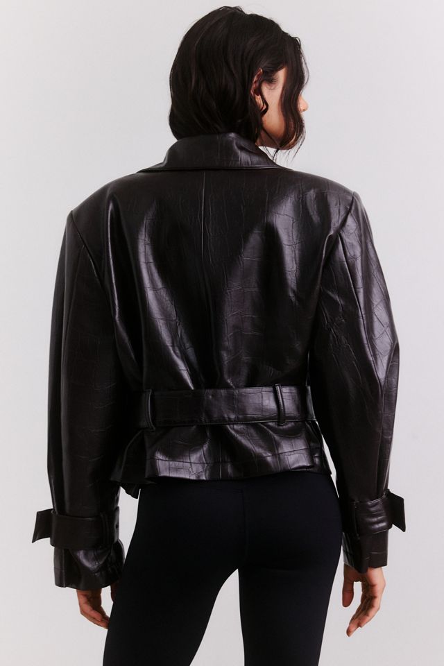 AFRM Scarlette Croc Effect Faux Leather Belted Funnel Neck Jacket #3