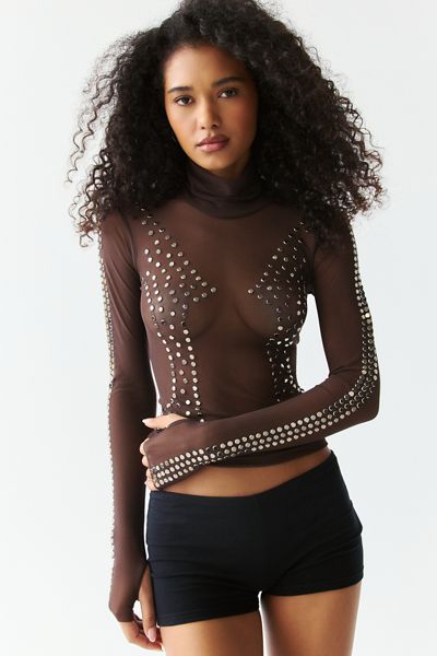 AFRM Zadie Espresso Studded Sheer Mesh Long Sleeve Top