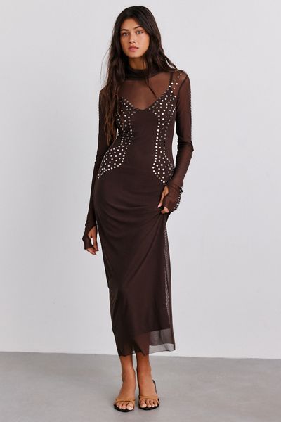 AFRM Shailene Studded High Neck Long Sleeve Mesh Midi Dress