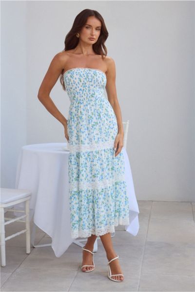 Hello Molly Under Palm Trees Strapless Midi Dress