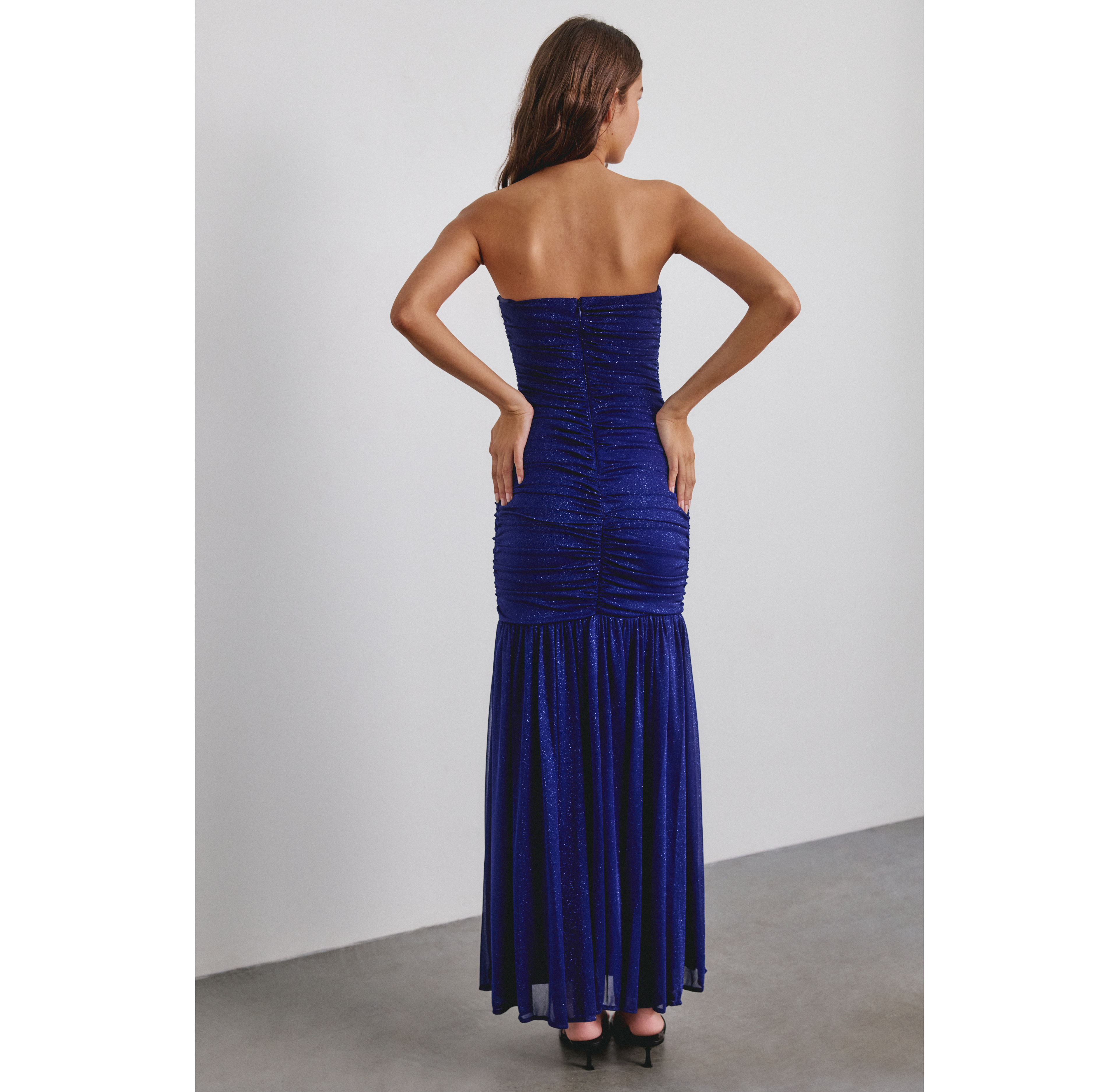 UO Royal Horizon Ruched Sweetheart Strapless Maxi Dress