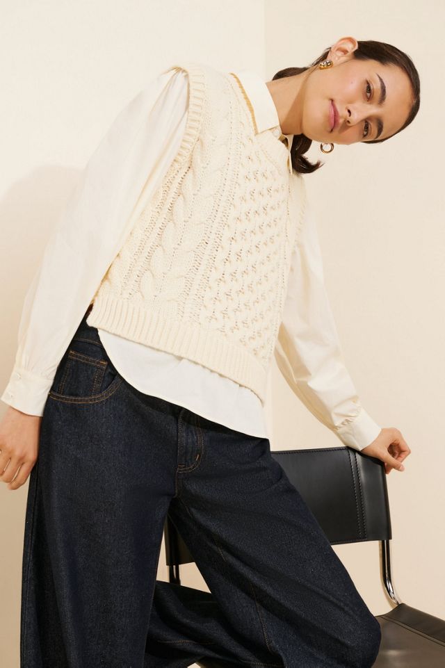 English Factory Mixed Media Cable-Knit Shirt Top #2