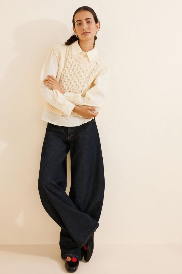 English Factory Mixed Media Cable-Knit Shirt Top #3