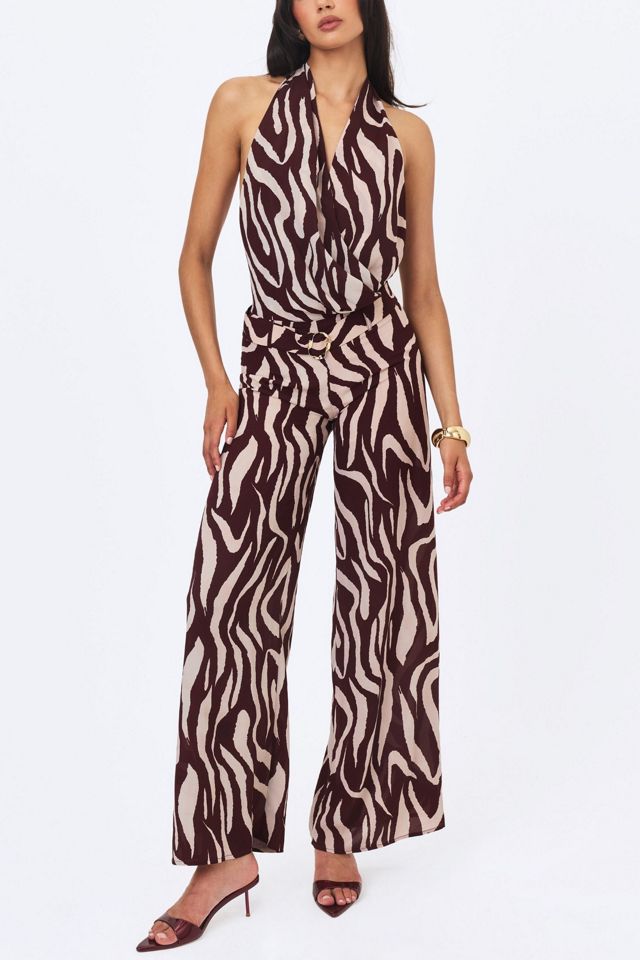 Miss Circle Ashlyn Abstract Zebra Print Belted Halter Jumpsuit #1