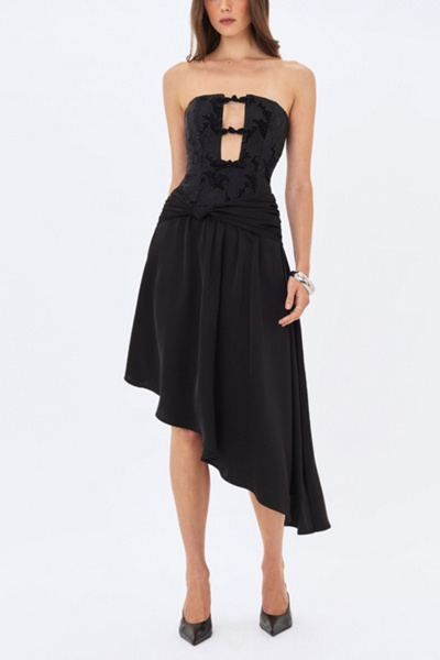 Miss Circle Yoseline Velvet Lace Cutout Asymmetrical Satin Midi Dress
