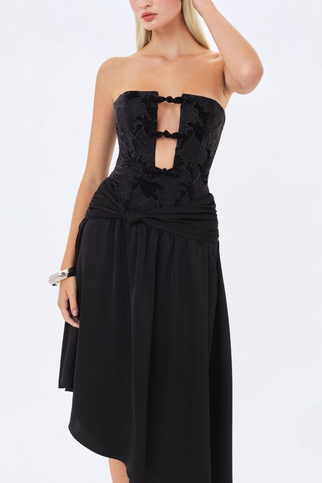 Miss Circle Yoseline Velvet Lace Cutout Asymmetrical Satin Midi Dress #1