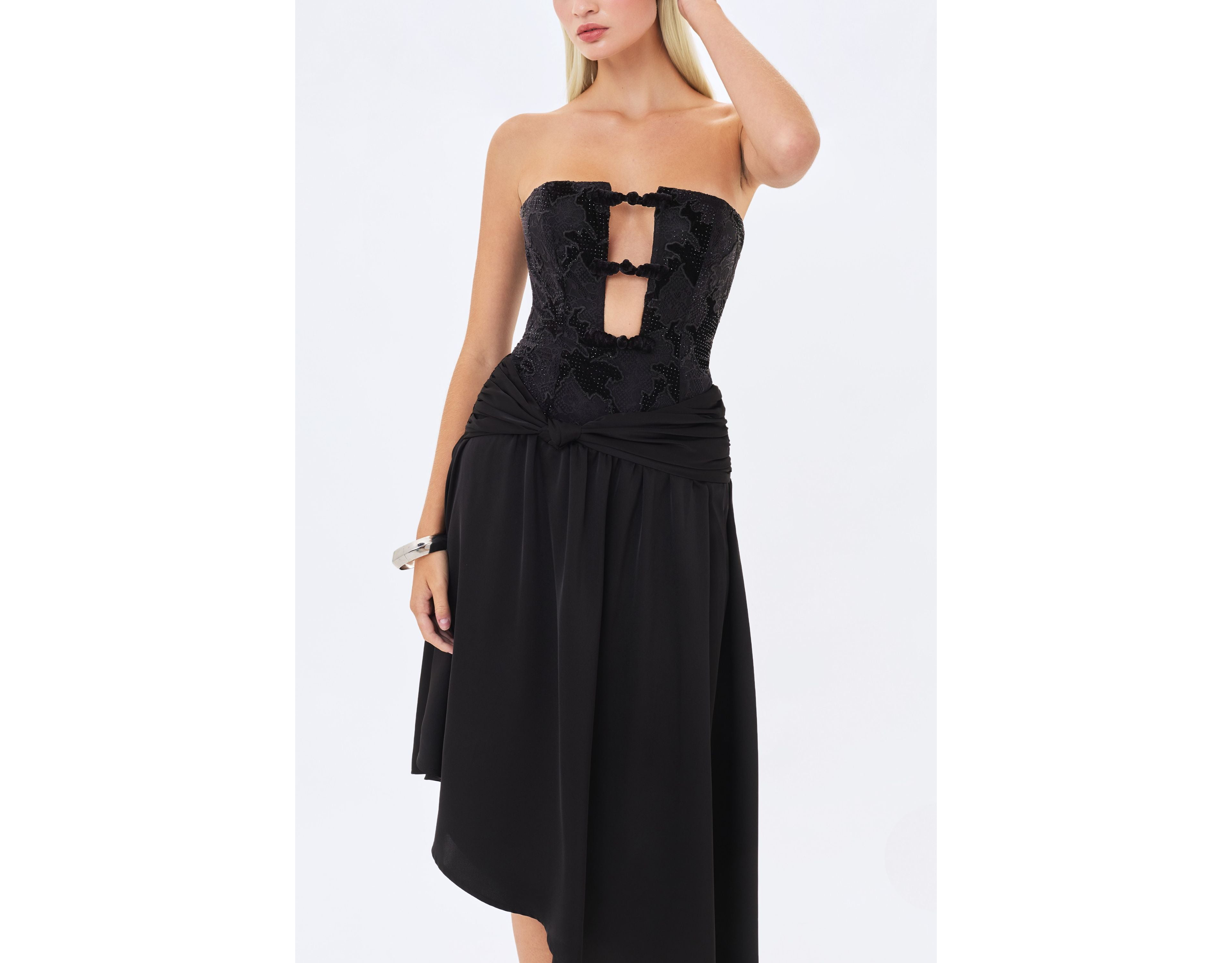 Miss Circle Yoseline Velvet Lace Cutout Asymmetrical Satin Midi Dress