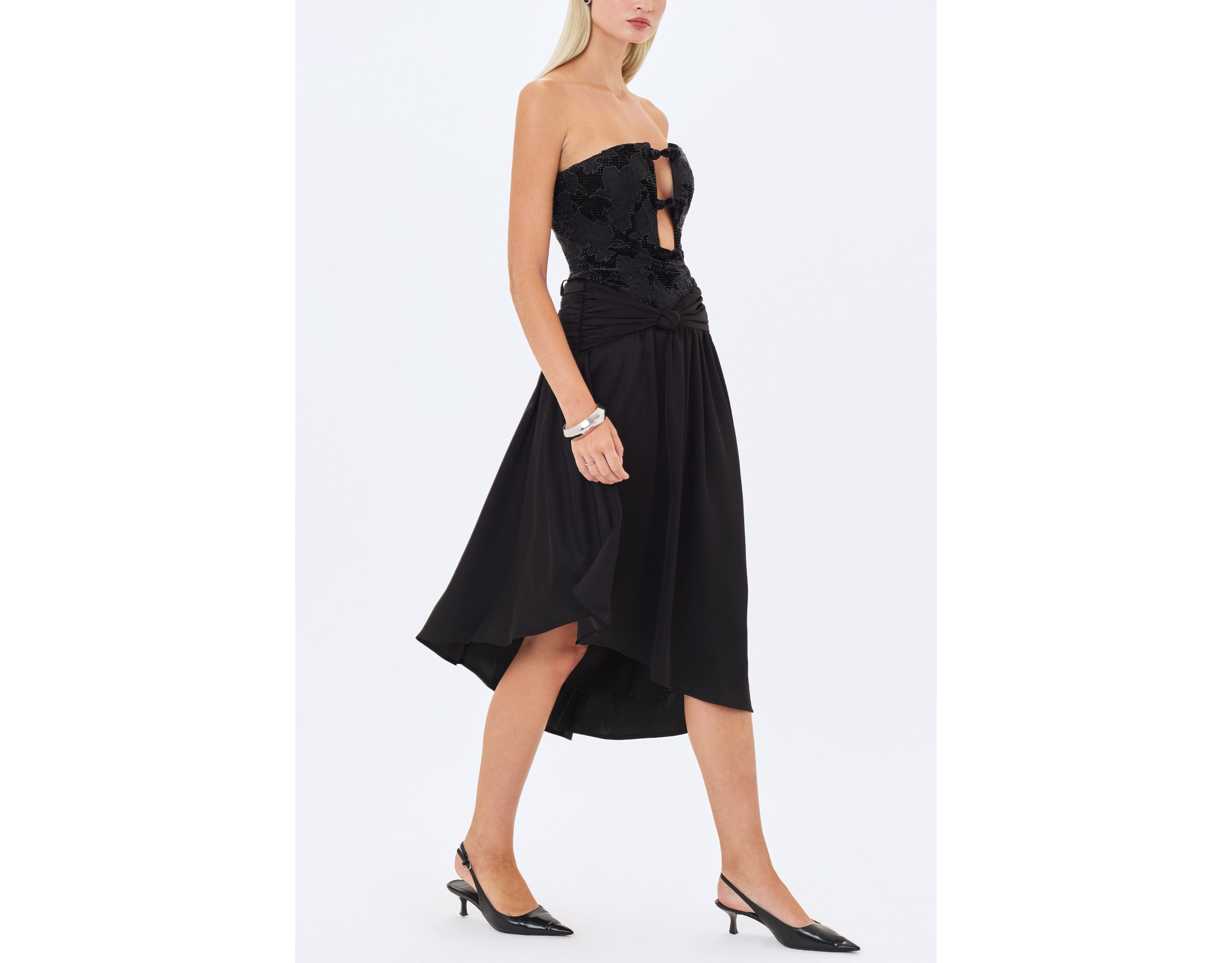 Miss Circle Yoseline Velvet Lace Cutout Asymmetrical Satin Midi Dress