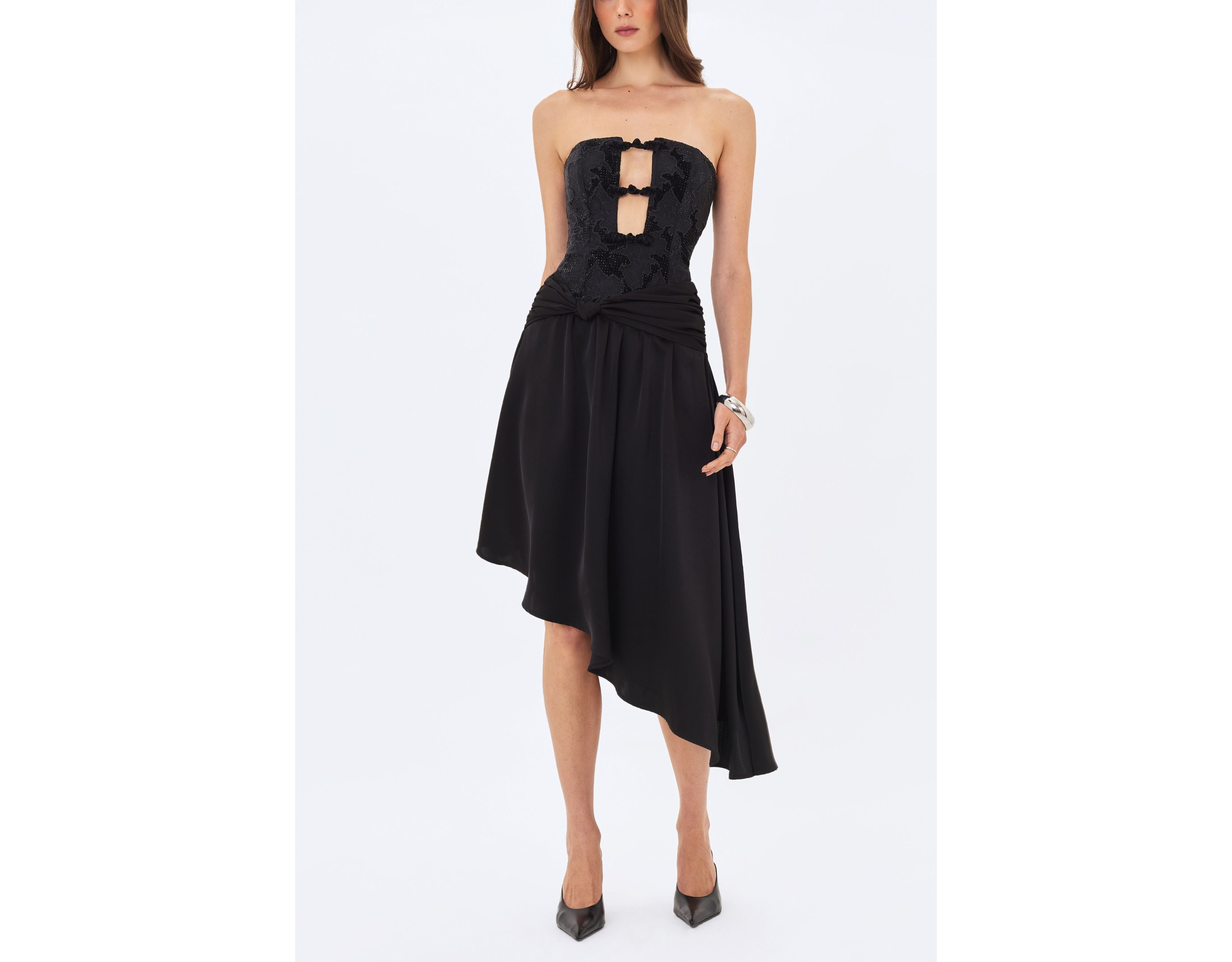 Miss Circle Yoseline Velvet Lace Cutout Asymmetrical Satin Midi Dress