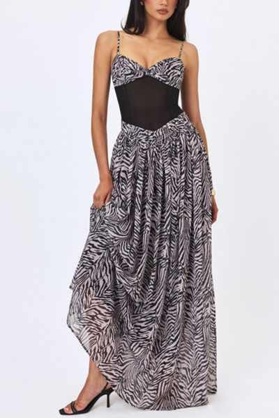 Miss Circle Onora Zebra Print Chiffon Dipped Waist Maxi Dress