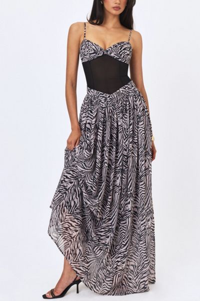 Miss Circle Onora Zebra Print Chiffon Dipped Waist Maxi Dress
