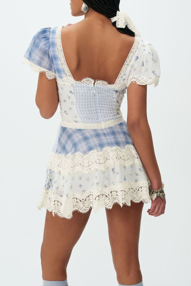 For Love & Lemons Bluebird Lace Trim Plaid Mini Dress #1