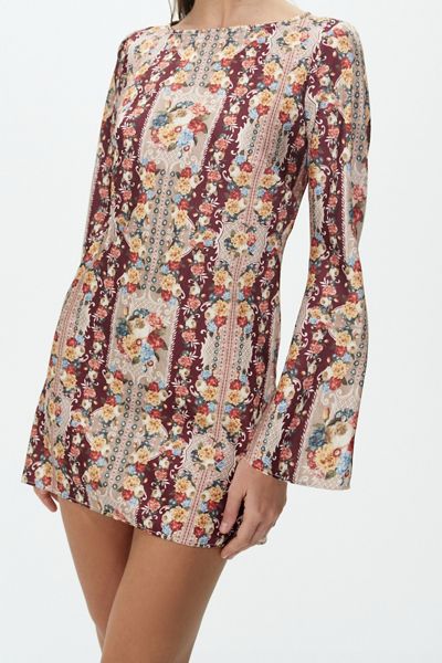 For Love & Lemons Maple Rose Long Sleeve Boatneck Mini Dress