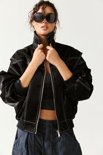 Lioness Vista Croc-Embossed Faux Leather Bomber Jacket