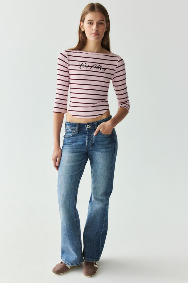 Les Filles Graphic Striped 3/4 Sleeve Boatneck Tee | Urban Outfitters