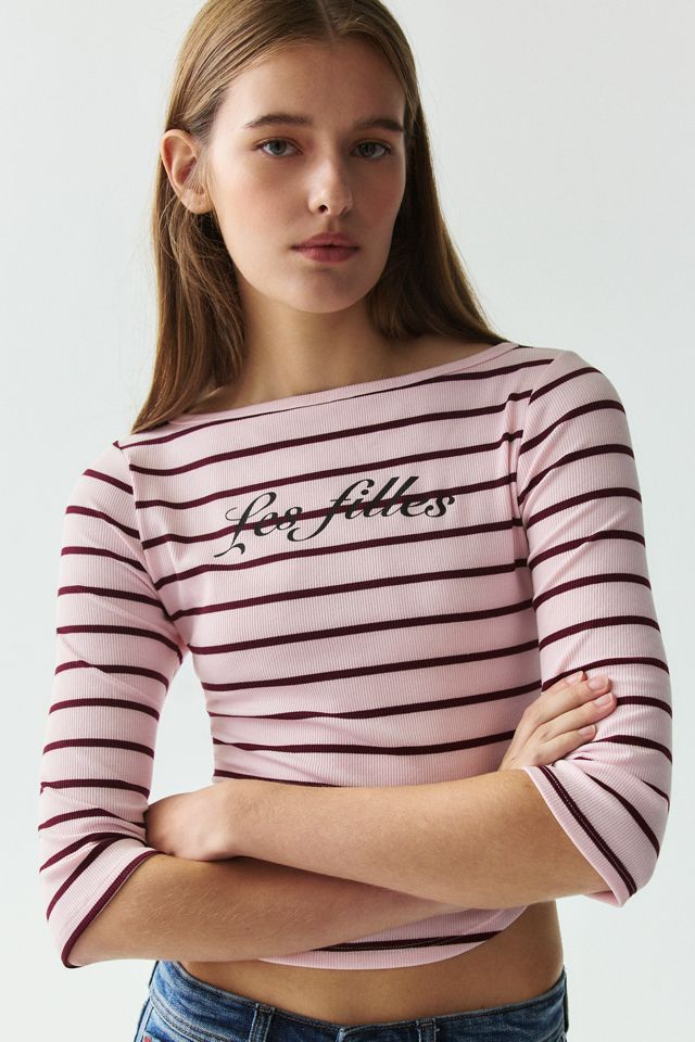 Les Filles Graphic Striped 3/4 Sleeve Boatneck Tee | Urban Outfitters