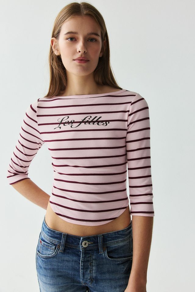 Les Filles Graphic Striped 3/4 Sleeve Boatneck Tee | Urban Outfitters