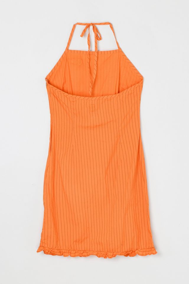 Vintage Y2k Orange Pinstriped Halter Mini Dress #1