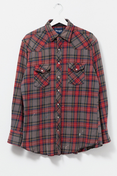 Vintage 1990s Distressed Wrangler Plaid Button-Up Shirt