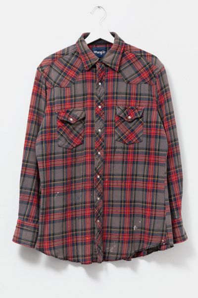 Vintage 1990s Distressed Wrangler Plaid Button-Up Shirt