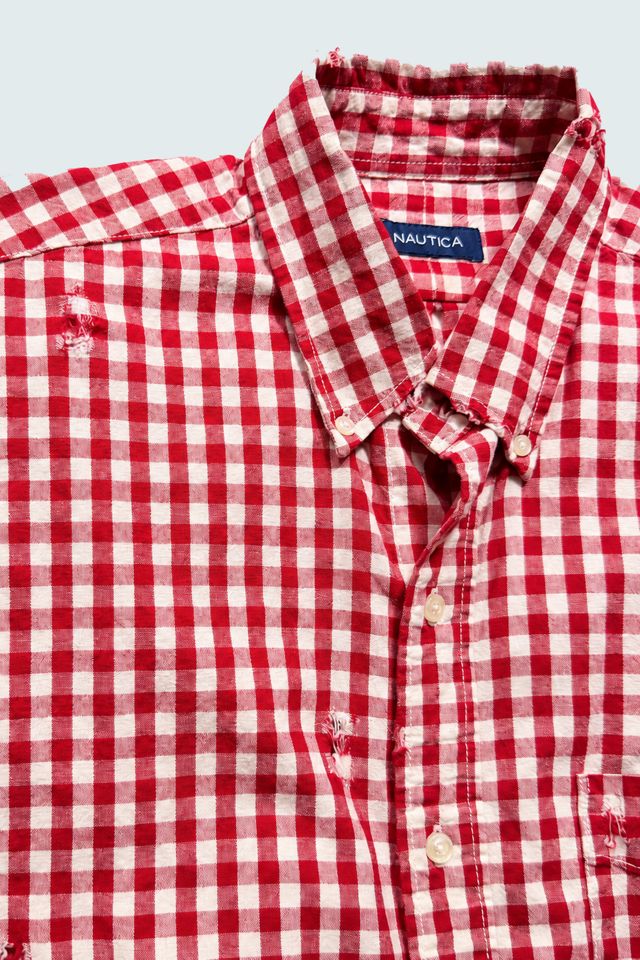 Nautica Japan Red Gingham Plaid Oversized Distressed Shirt #2